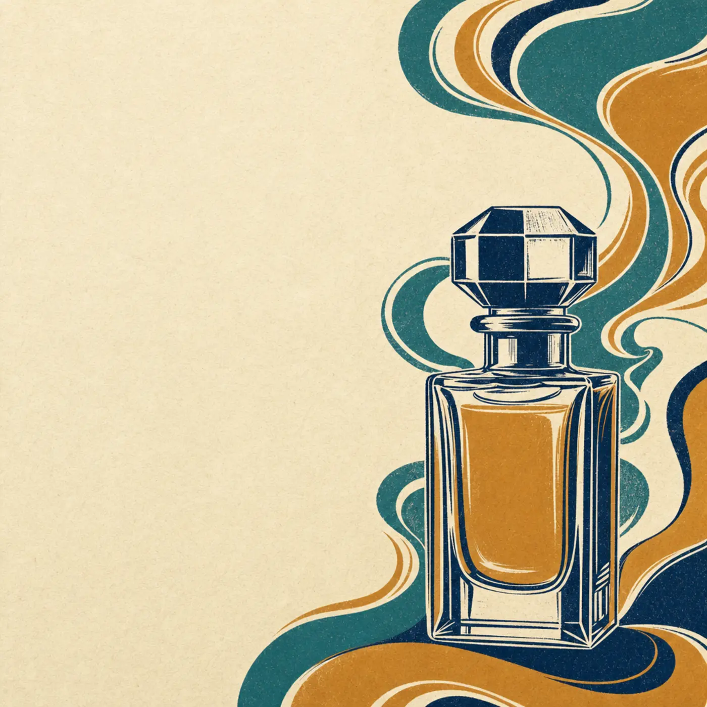 ScentVerdict: a linocut-style illustration of a perfume bottle and scent trails