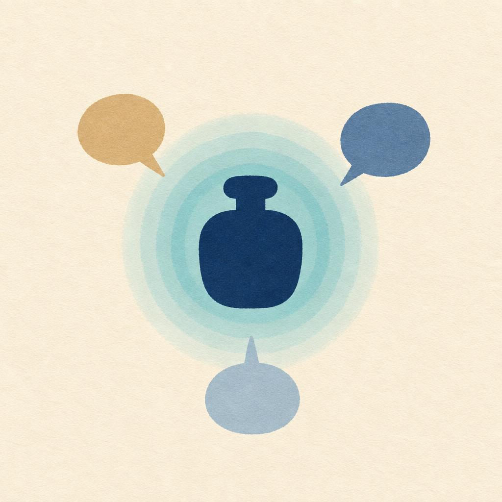 A navy perfume flacon at the centre of soft teal rings, with three speech bubbles in sand, slate blue and pale blue arranged around it, each pointing inward.