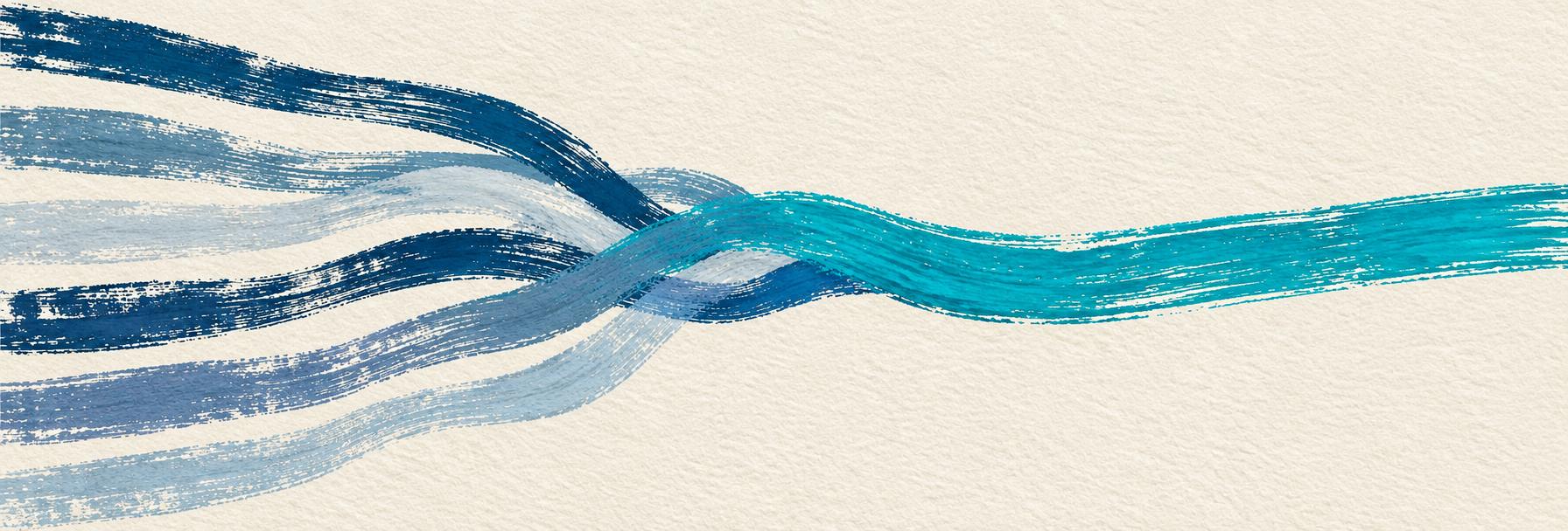 Several dry brush strokes entering from the left, braiding together and merging into one continuous teal stroke that carries on across the page.