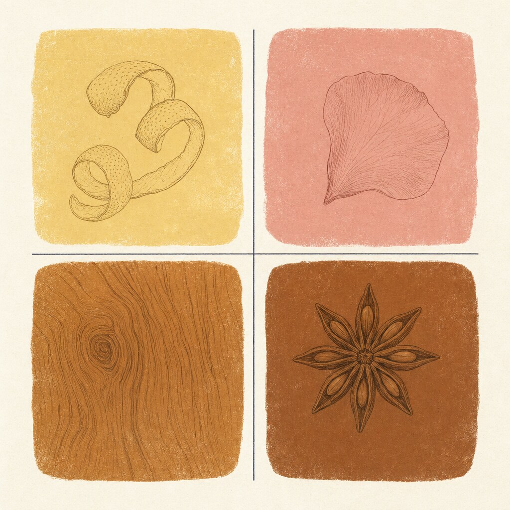 Four panels representing the fresh, floral, woody, and oriental fragrance families: a citrus peel curl on pale yellow, a single petal on dusty rose, a woodgrain on warm umber, and a star anise on deep amber.