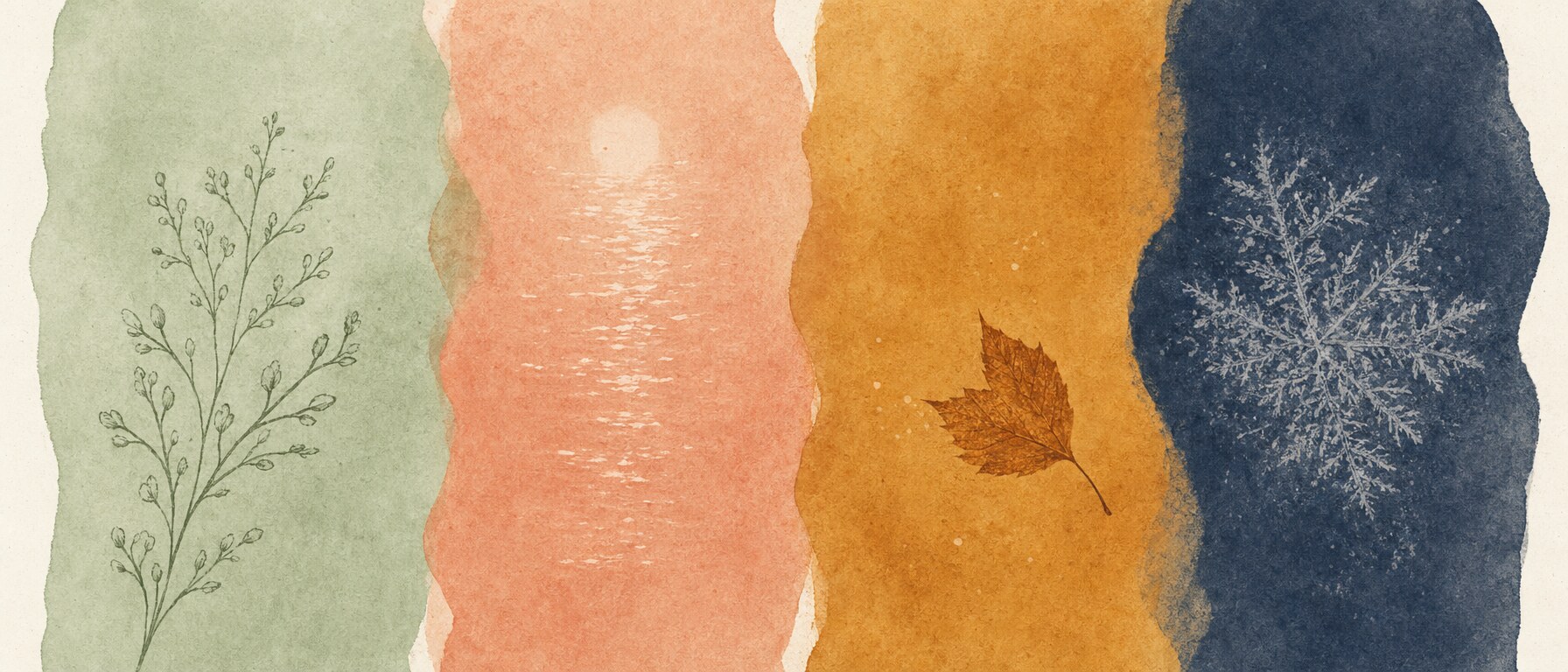 Four overlapping translucent washes flowing left to right in seasonal hues with subtle motifs inside each: a budding sprig for spring, a sun-glimmer for summer, a falling leaf for autumn, and a frost crystal for winter.