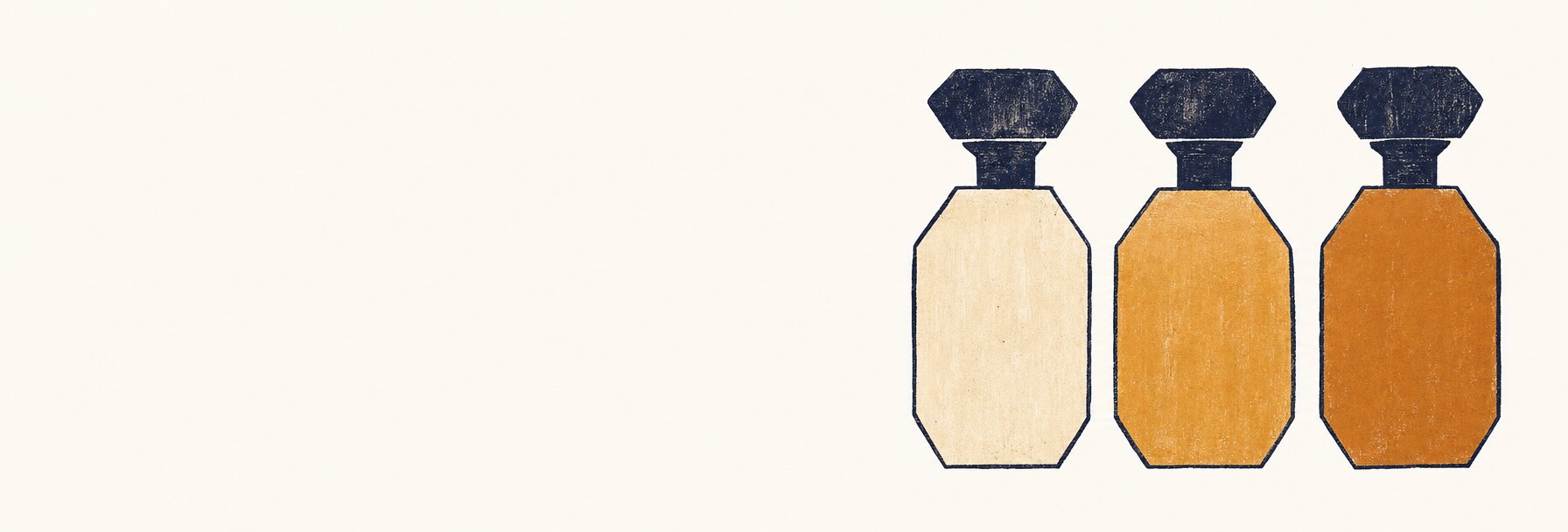 Three identical abstract flacon silhouettes filled at progressively deeper amber saturations, illustrating increasing fragrance concentration.