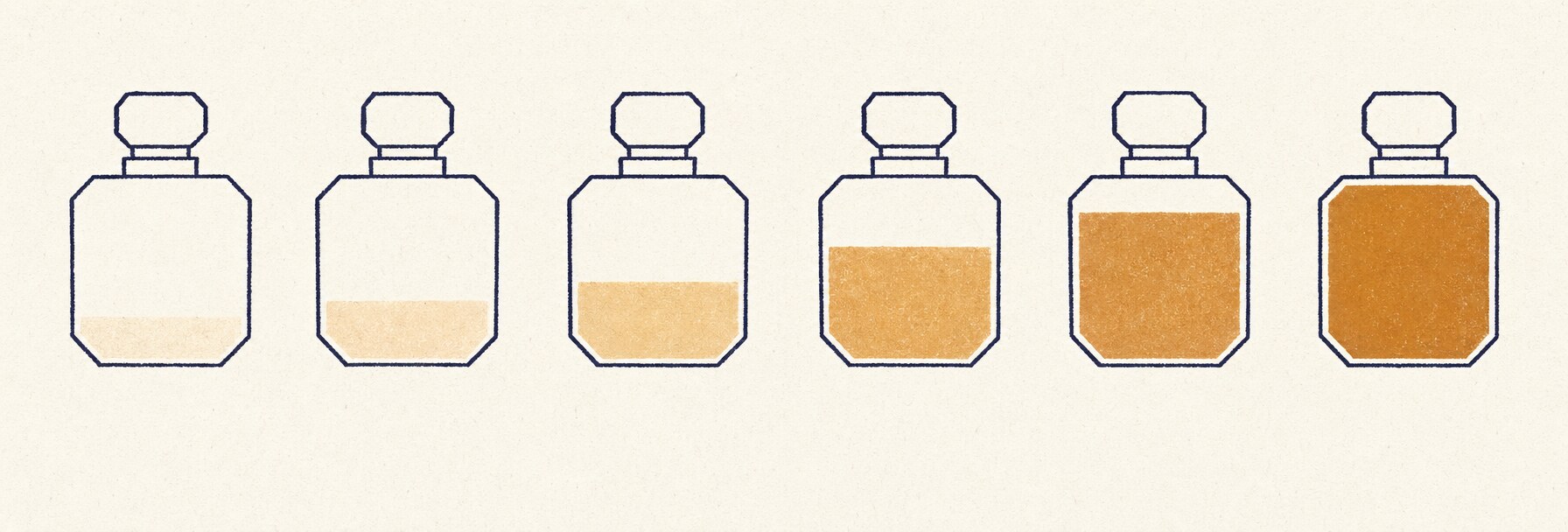 Six identical flacon silhouettes in a row with progressively higher fill levels of amber liquid: Eau Fraiche, Eau de Cologne, Eau de Toilette, Eau de Parfum, Parfum, and Extrait.