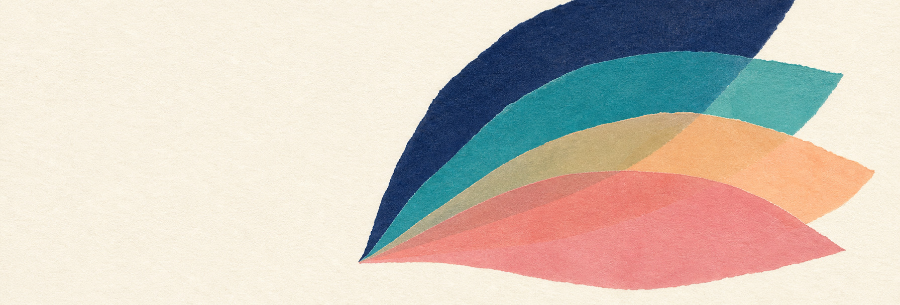 A fan of overlapping torn-paper leaves in navy, teal, apricot and rose, opening out like pages from a spine.