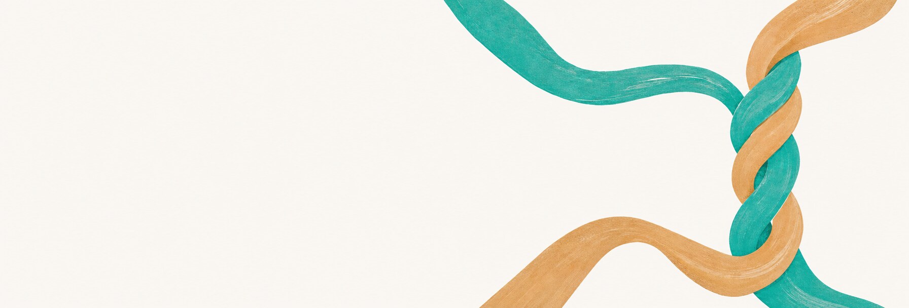 Two flowing ribbons in teal and warm ochre weaving and braiding into a combined form, illustrating how two scents combine.