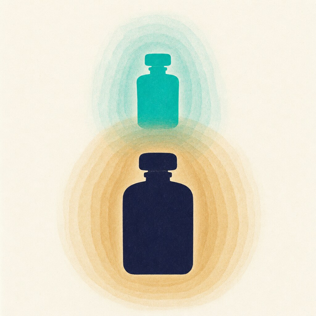 Two stylised flacon silhouettes stacked with overlapping halos: a larger navy flacon with concentric ochre rings below, and a smaller teal flacon with softer teal rings above.