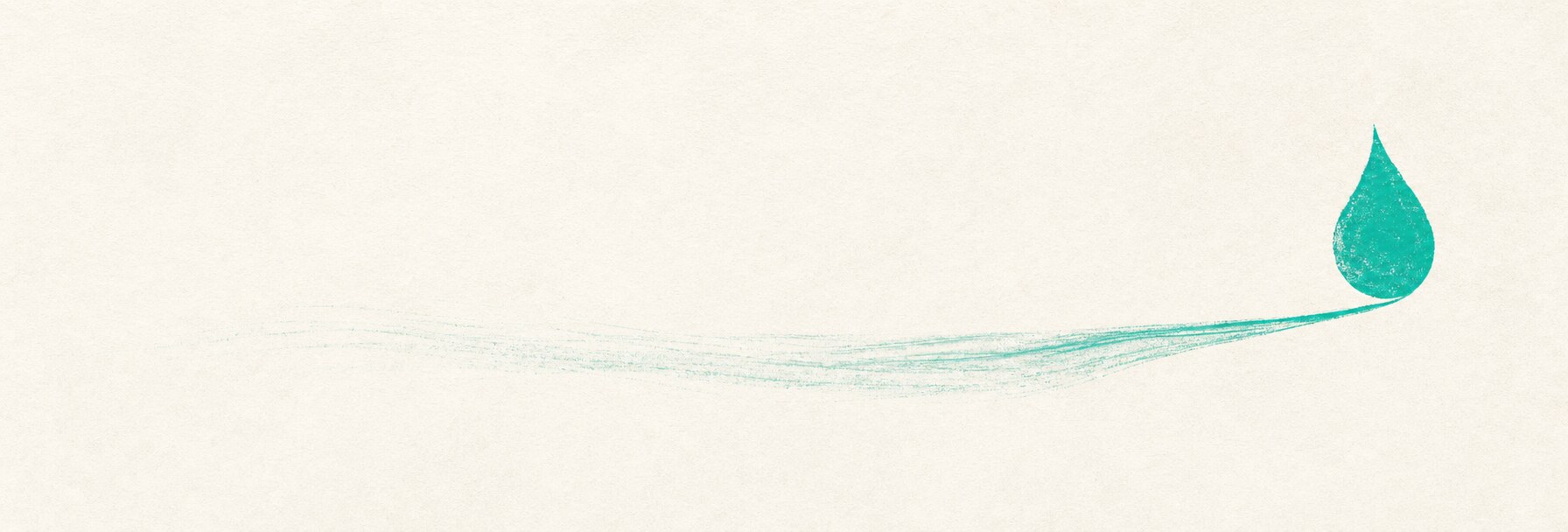 A teal droplet at right with a long unhurried horizontal trail extending leftward, fading into negative space.