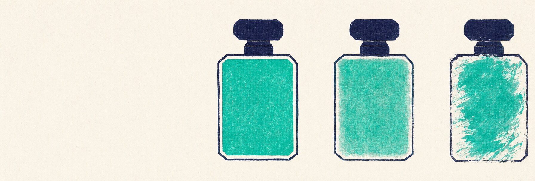 Three identical flacon silhouettes in a row with progressively distorted teal wash inside, illustrating an original, a dupe, and a counterfeit.