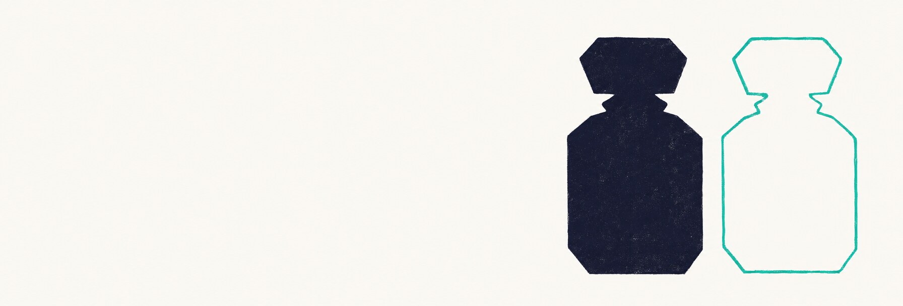 Two identical abstract flacon silhouettes side by side, one filled in deep navy and the other rendered as a teal outline, illustrating an original and its visual twin.