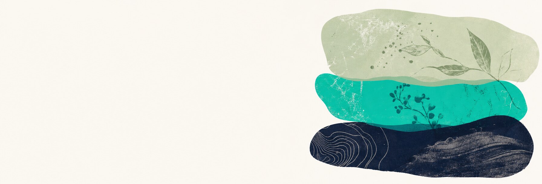 Three horizontally stacked translucent bands in pale sage, electric teal, and deep navy with subtle leaf and ingredient motifs, illustrating top, heart, and base notes.