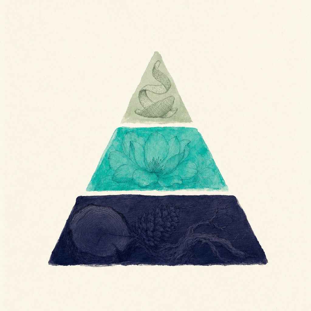 A three-tiered editorial pyramid showing top, heart, and base notes as translucent layers in pale sage, electric teal, and deep navy with subtle ingredient motifs (citrus peel, lotus, woodgrain) inside each tier.