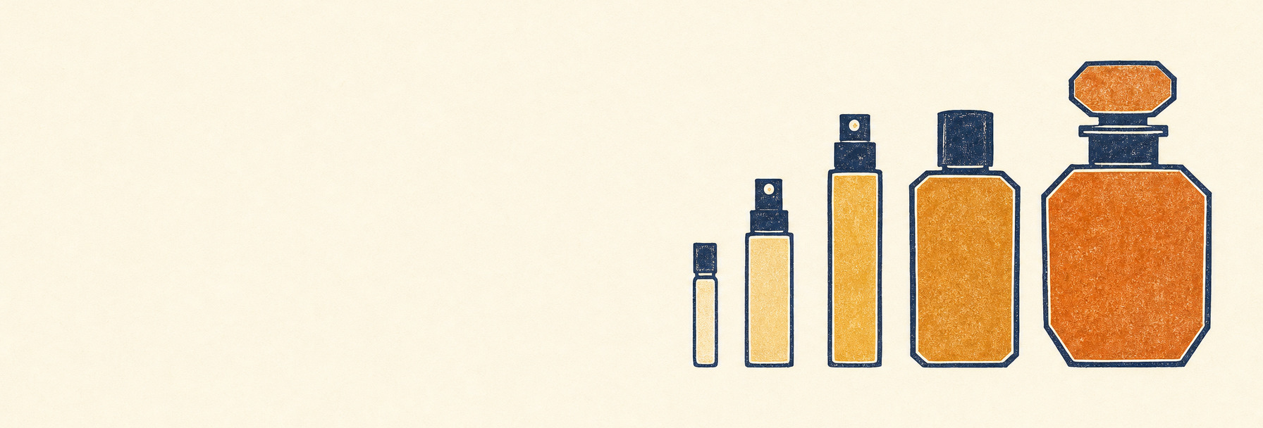 A row of small glass atomisers and sample vials of increasing size standing beside a single full-size flacon.