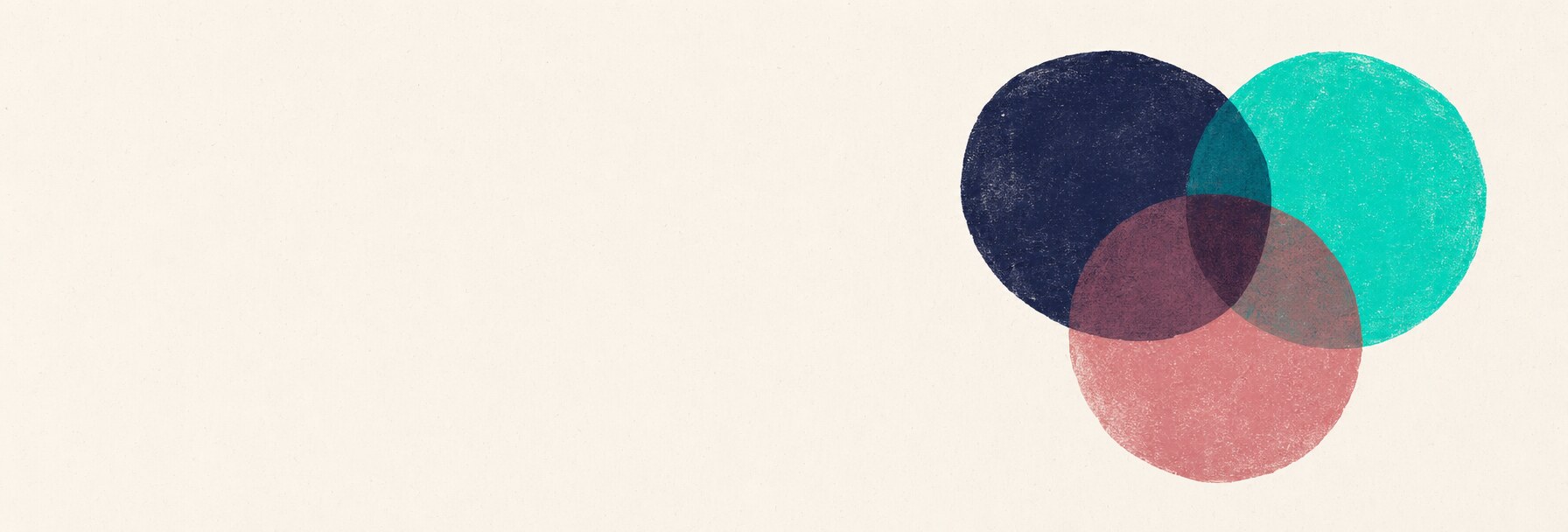 Three overlapping translucent circles in navy, teal, and dusty rose forming a darker compound shape where they intersect.