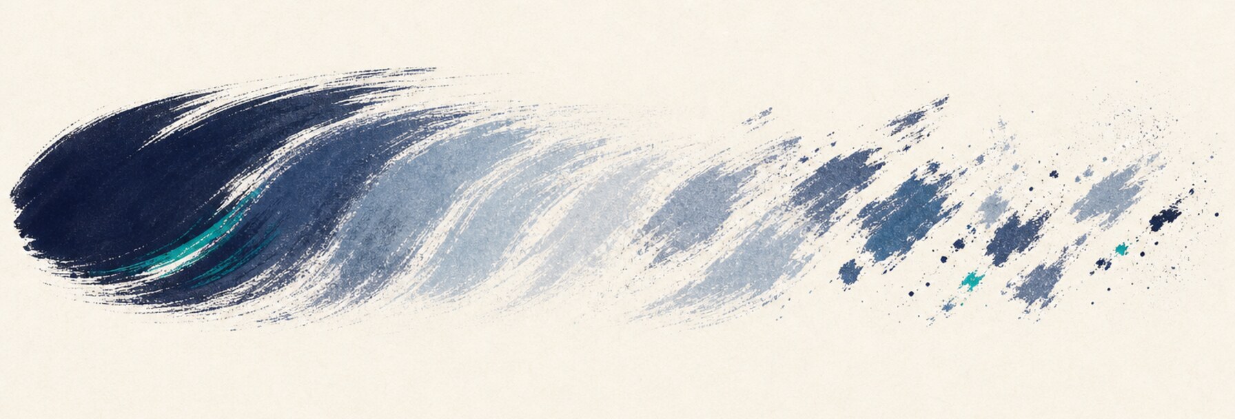 A long brush stroke that begins solid and progressively breaks apart into disconnected fragments and specks.