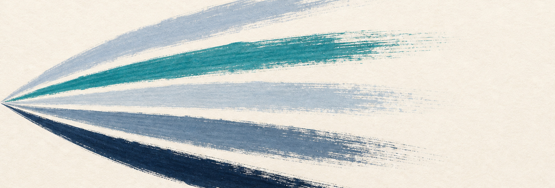 A fan of dry brush strokes springing from one point and opening out across the page, each a different colour.