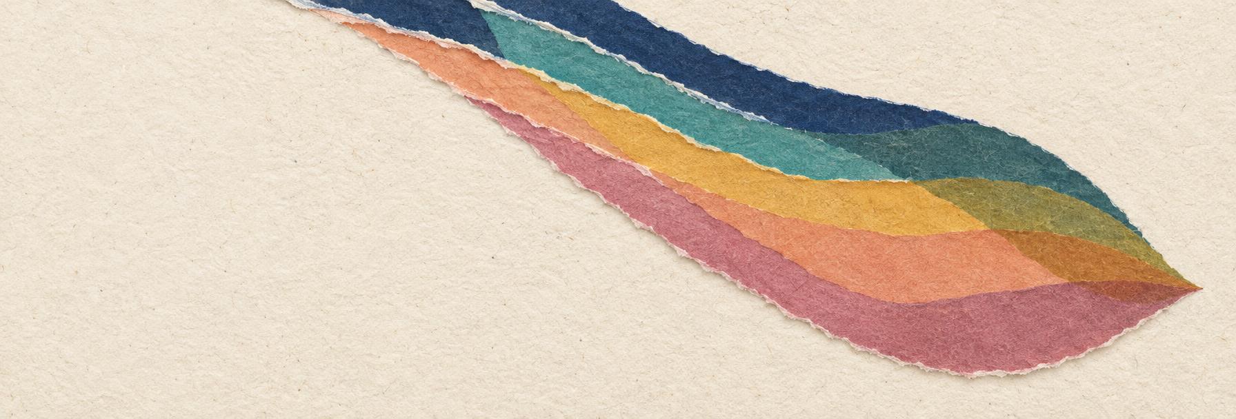 Five torn paper strips in navy, teal, gold, apricot and rose curving in from the left and overlapping into a single leaf-shaped form, the colours mixing where they cross.